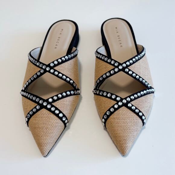Mia Becar Ines Flat Mule EU 39 Italian Leather Raffia Crystals Slip On Feminine - Picture 2 of 16